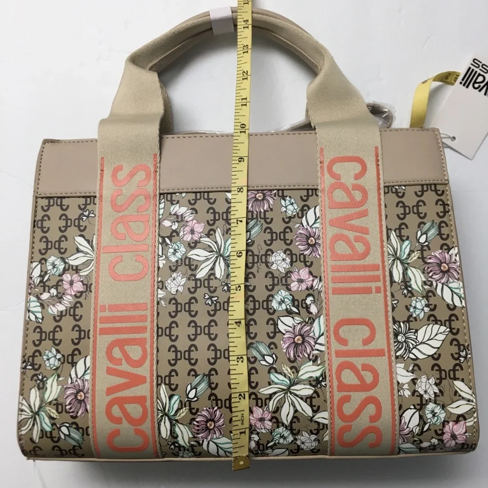 Cavalli Class Serafina Large Top Handle Satchel Crossbody Floral Beige Tote Bag